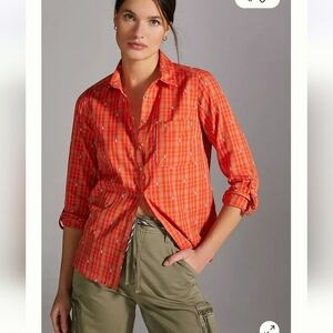 Anthropologie Maeve Orange Plaid Long Sleeve Button‎ Up Shirt